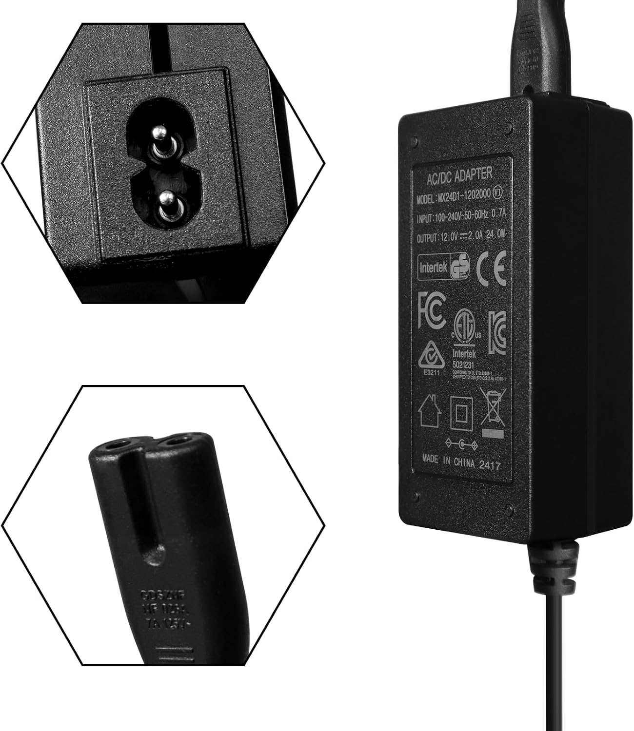 Power adapter input and 12V 2A output specifications