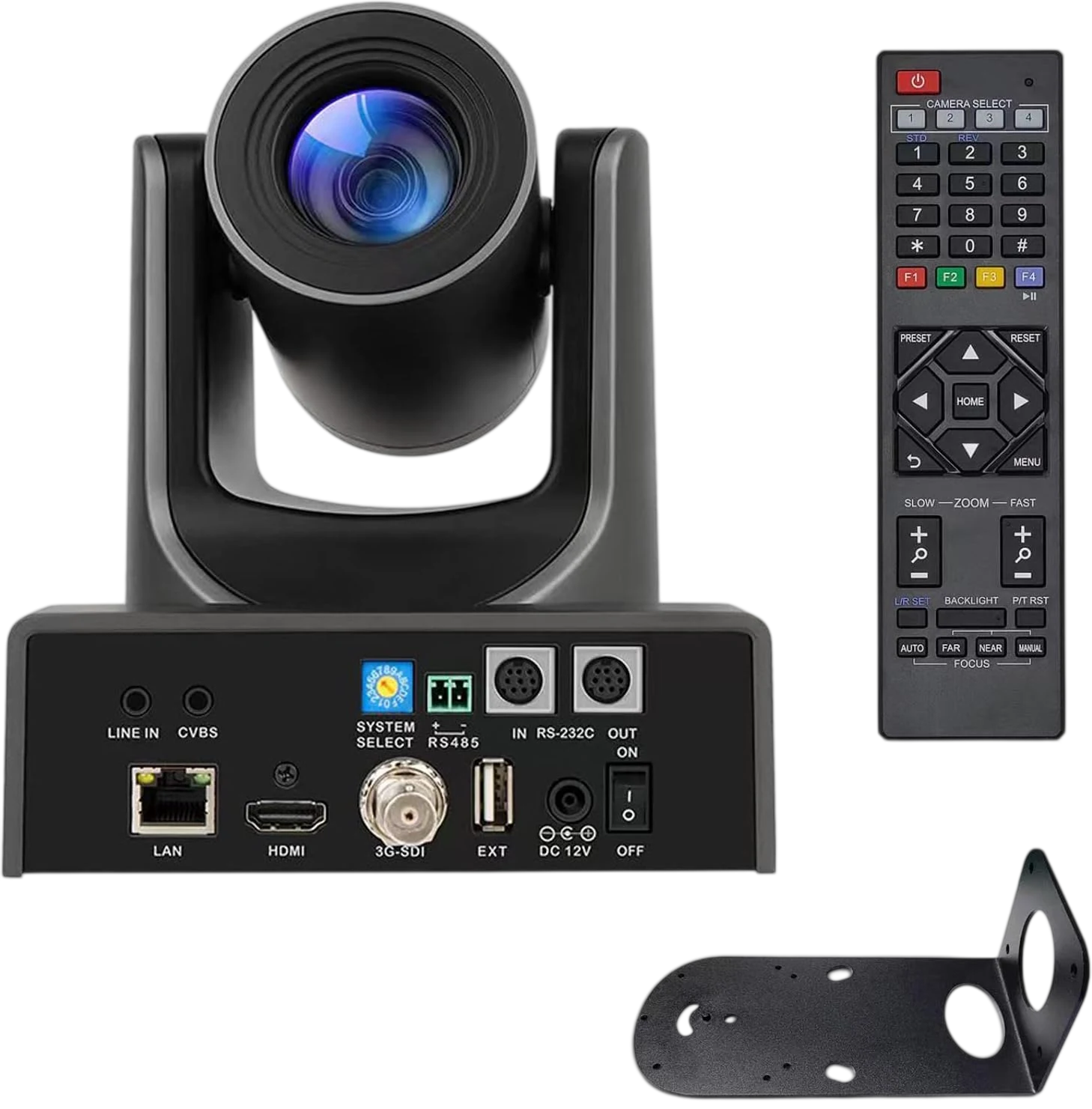Meeasier ME-20X NDI PTZ camera rear connections and IR remote